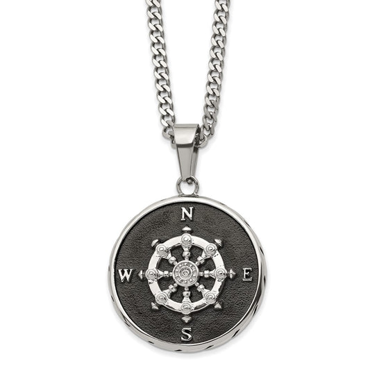 Chisel Stainless Steel Polished Black IP-plated Compass Pendant on a 22 inch Curb Chain Necklace SRN2968-22