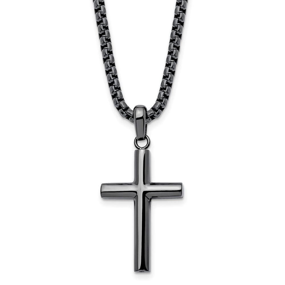 Chisel Stainless Steel Polished Gun Metal IP-plated Cross Pendant on a 24 inch Box Chain Necklace SRN2969-24