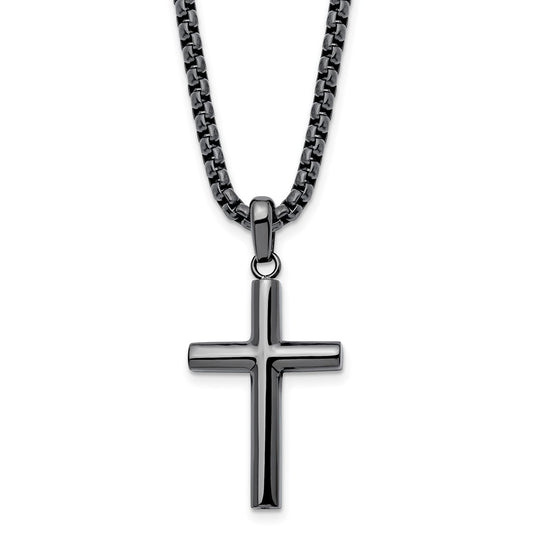 Chisel Stainless Steel Polished Gun Metal IP-plated Cross Pendant on a 24 inch Box Chain Necklace SRN2969-24
