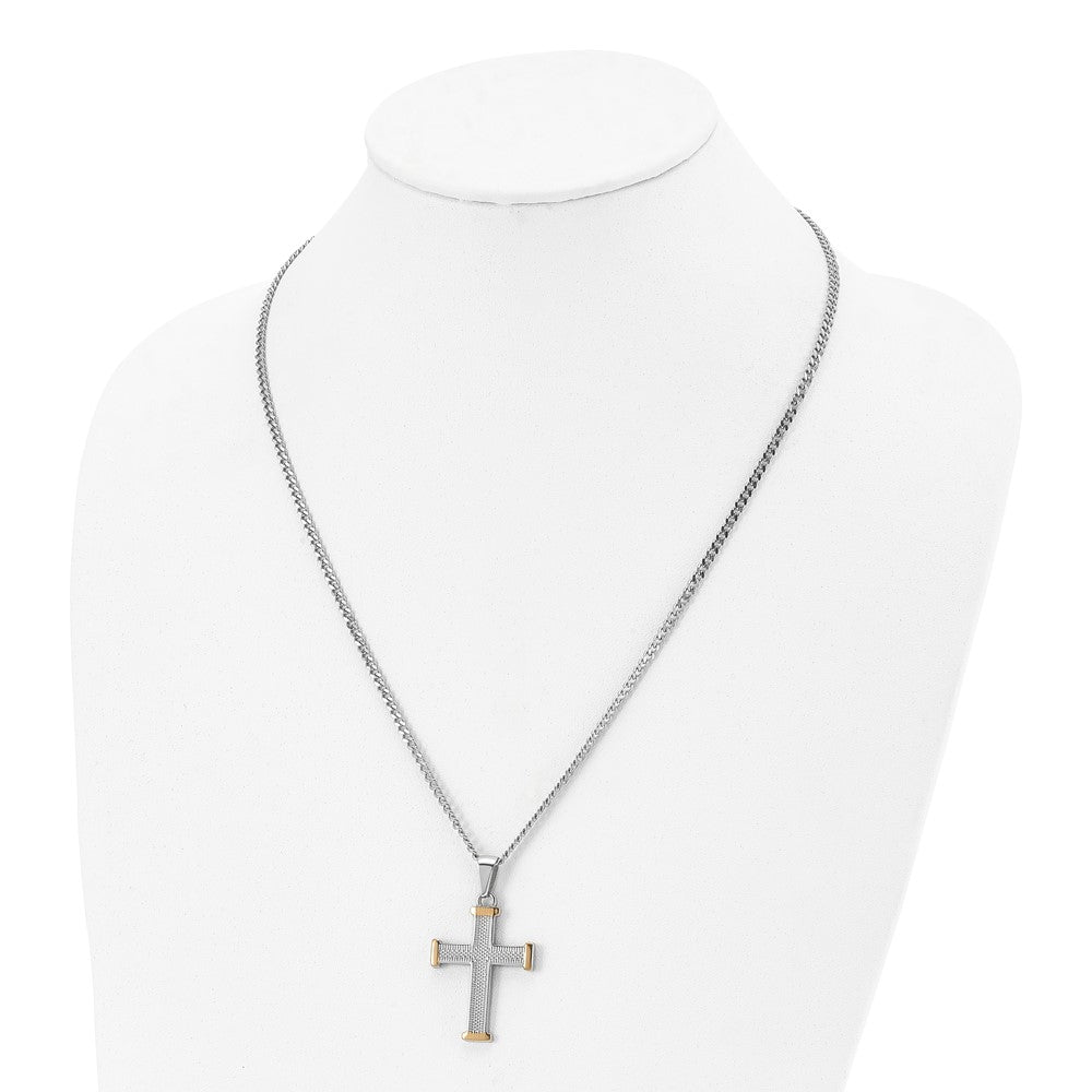 Chisel Stainless Steel Polished and Textured Yellow IP-plated Cross Pendant on a 22 inch Curb Chain Necklace SRN2970-22