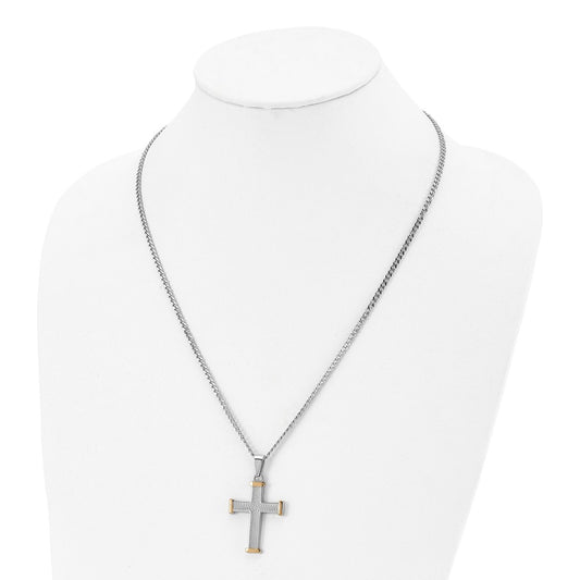 Chisel Stainless Steel Polished and Textured Yellow IP-plated Cross Pendant on a 22 inch Curb Chain Necklace SRN2970-22