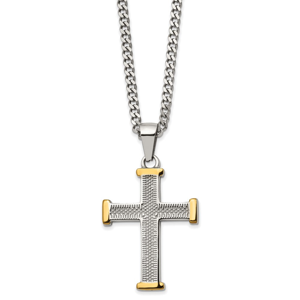 Chisel Stainless Steel Polished and Textured Yellow IP-plated Cross Pendant on a 22 inch Curb Chain Necklace SRN2970-22