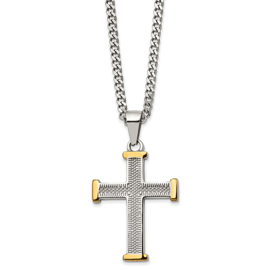 Chisel Stainless Steel Polished and Textured Yellow IP-plated Cross Pendant on a 22 inch Curb Chain Necklace SRN2970-22