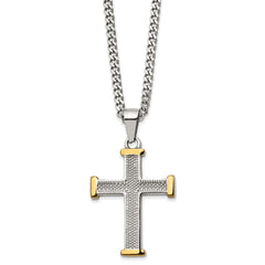 Chisel Stainless Steel Polished and Textured Yellow IP-plated Cross Pendant on a 22 inch Curb Chain Necklace SRN2970-22