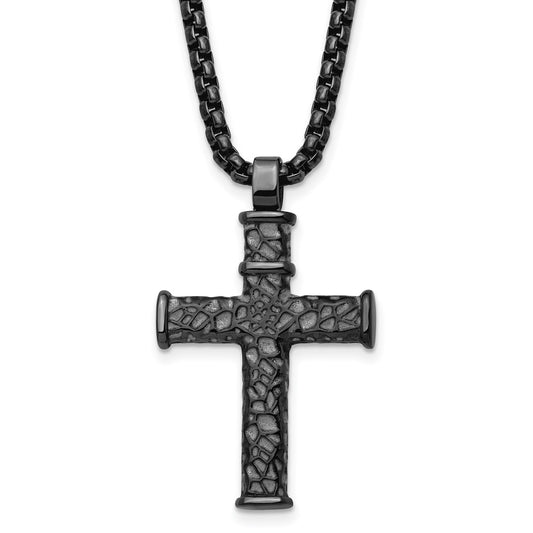 Chisel Stainless Steel Brushed Polished and Textured Gun Metal IP-plated Cross Pendant on a 24 inch Box Chain Necklace SRN2980-24