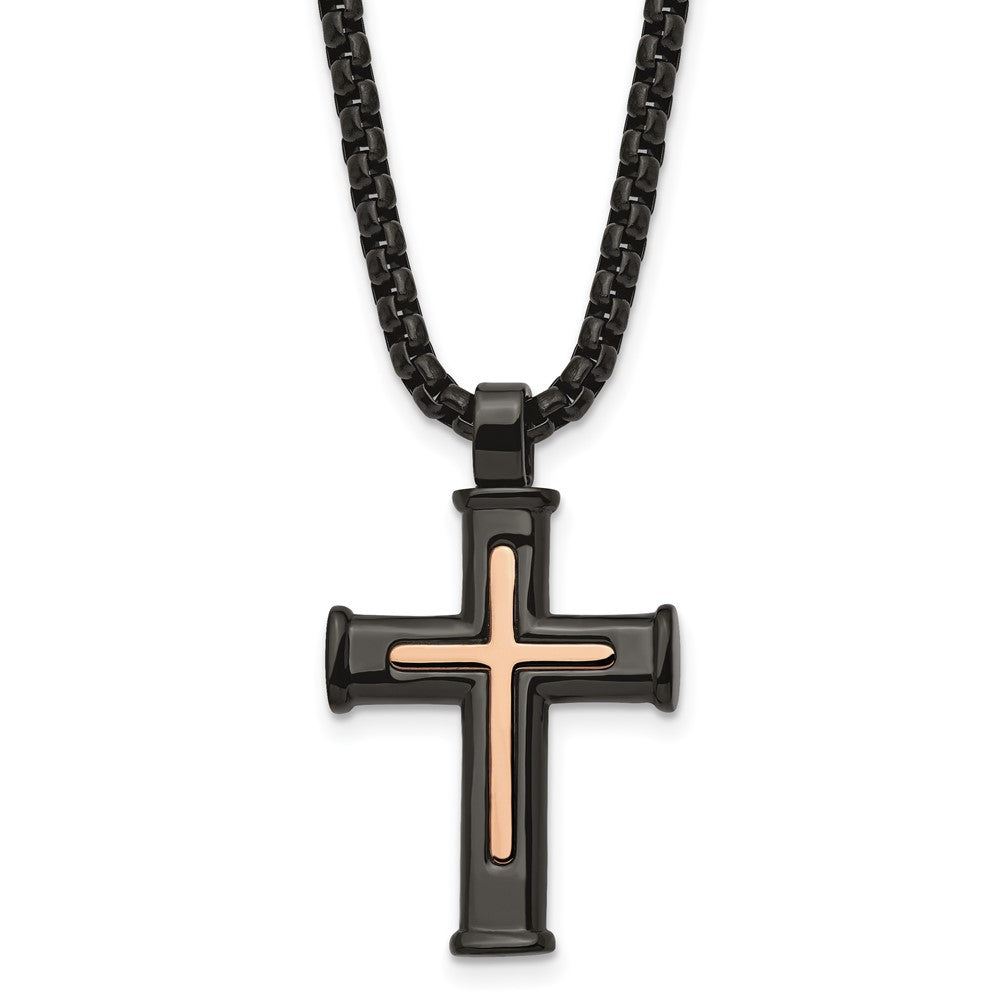 Chisel Stainless Steel Polished Black and Rose IP-plated Cross Pendant on a 24 inch Box Chain Necklace SRN2981-24