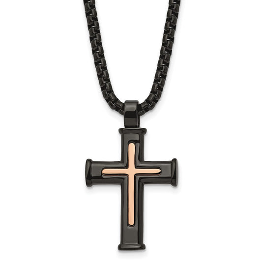 Chisel Stainless Steel Polished Black and Rose IP-plated Cross Pendant on a 24 inch Box Chain Necklace SRN2981-24