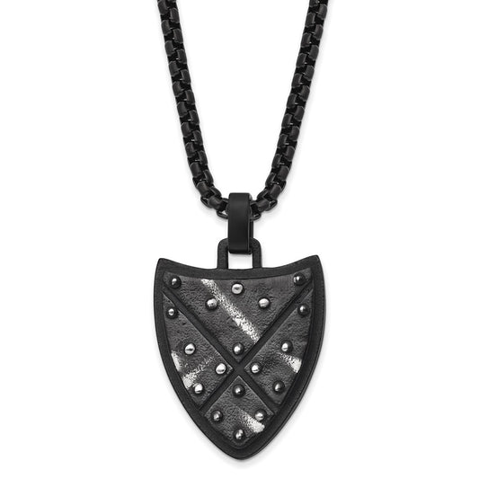 Chisel Stainless Steel Antiqued and Brushed Black IP-plated Shield Pendant on a 24 inch Box Chain Necklace SRN2985-24