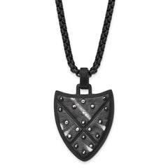 Chisel Stainless Steel Antiqued and Brushed Black IP-plated Shield Pendant on a 24 inch Box Chain Necklace SRN2985-24
