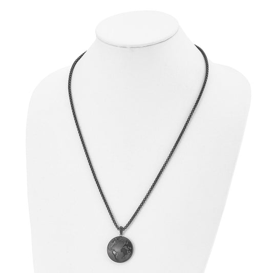 Chisel Stainless Steel Antiqued Brushed and Polished Black IP-plated Earth Pendant on a 24 inch Box Chain Necklace SRN2992-24