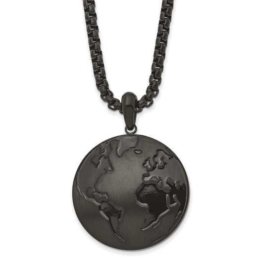Chisel Stainless Steel Antiqued Brushed and Polished Black IP-plated Earth Pendant on a 24 inch Box Chain Necklace SRN2992-24