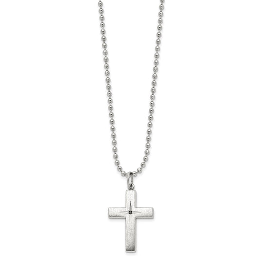 Chisel Stainless Steel Brushed and Polished 0.015 carat Black Diamond Cross Pendant on a 24 inch Ball Chain Necklace SRN3021-24