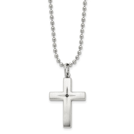 Chisel Stainless Steel Brushed and Polished 0.015 carat Black Diamond Cross Pendant on a 24 inch Ball Chain Necklace SRN3021-24