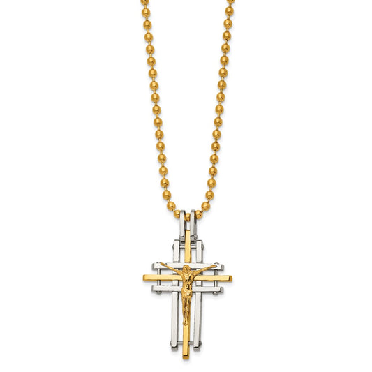Chisel Stainless Steel Polished Yellow IP-plated Crucifix Pendant on a 24 inch Ball Chain Necklace SRN3035-24