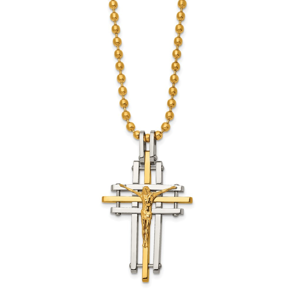 Chisel Stainless Steel Polished Yellow IP-plated Crucifix Pendant on a 24 inch Ball Chain Necklace SRN3035-24
