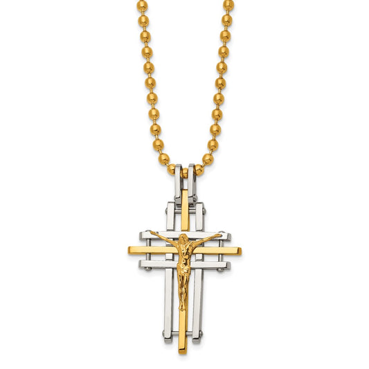 Chisel Stainless Steel Polished Yellow IP-plated Crucifix Pendant on a 24 inch Ball Chain Necklace SRN3035-24