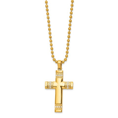 Chisel Stainless Steel Polished and Textured Yellow IP-plated with CZ Cross Pendant on a 24 inch Ball Chain Necklace SRN3037-24