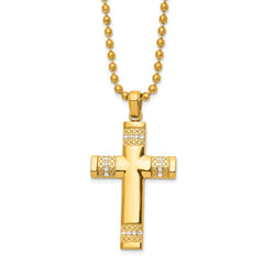 Chisel Stainless Steel Polished and Textured Yellow IP-plated with CZ Cross Pendant on a 24 inch Ball Chain Necklace SRN3037-24