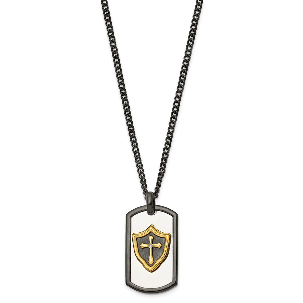 Chisel Stainless Steel Polished Black and Yellow IP-plated with CZ HERO Dog Tag on a 24 inch Curb Chain Necklace SRN3093-24