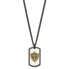 Chisel Stainless Steel Polished Black and Yellow IP-plated with CZ HERO Dog Tag on a 24 inch Curb Chain Necklace SRN3093-24
