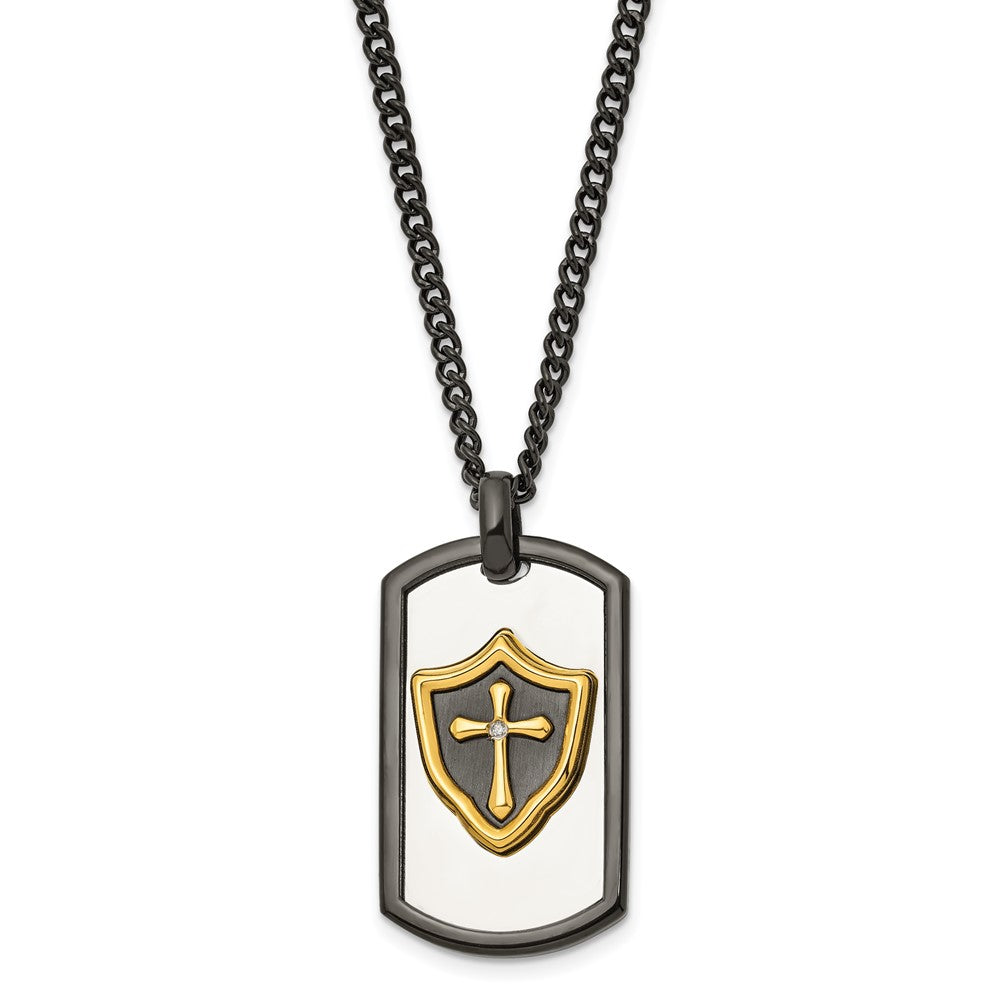 Chisel Stainless Steel Polished Black and Yellow IP-plated with CZ HERO Dog Tag on a 24 inch Curb Chain Necklace SRN3093-24