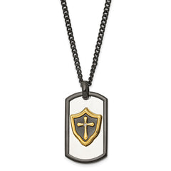 Chisel Stainless Steel Polished Black and Yellow IP-plated with CZ HERO Dog Tag on a 24 inch Curb Chain Necklace SRN3093-24