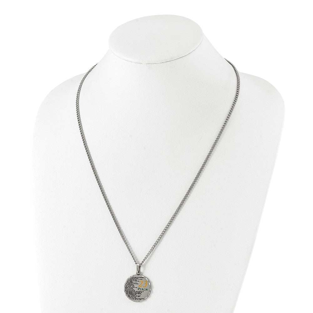 Chisel Stainless Steel Polished Acid Etched Psalm 23 Pendant on a 24 inch Curb Chain Necklace SRN3095-24