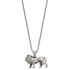 Chisel Stainless Steel Antiqued and Polished Lion Pendant on a 25.5 inch Box Chain Necklace SRN3099-25.5