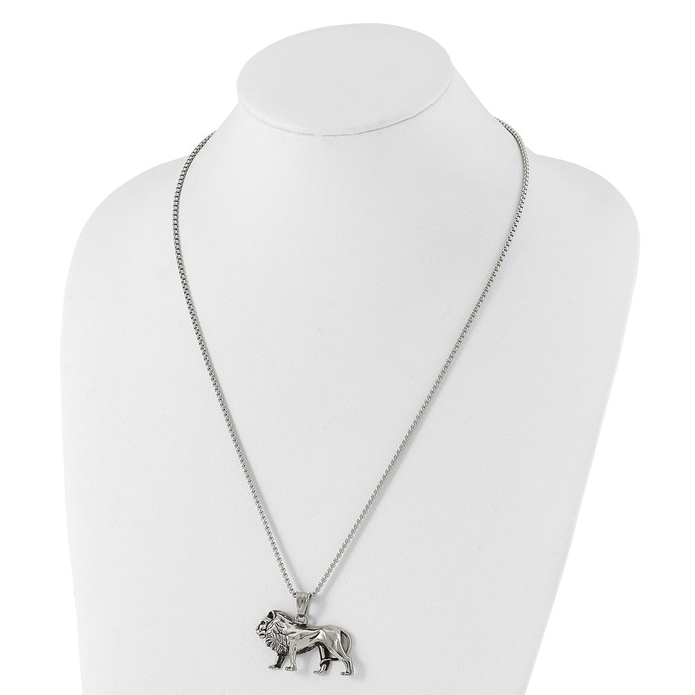 Chisel Stainless Steel Antiqued and Polished Lion Pendant on a 25.5 inch Box Chain Necklace SRN3099-25.5