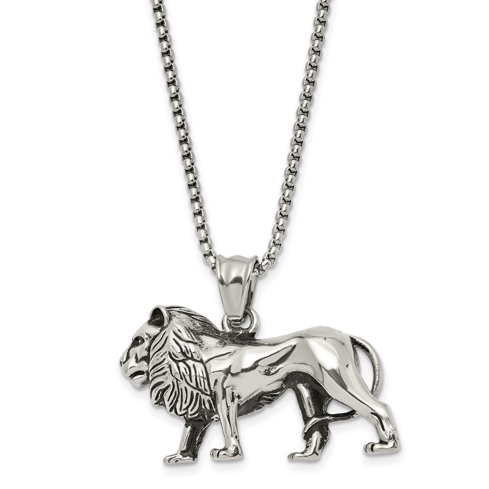 Chisel Stainless Steel Antiqued and Polished Lion Pendant on a 25.5 inch Box Chain Necklace SRN3099-25.5