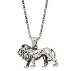 Chisel Stainless Steel Antiqued and Polished Lion Pendant on a 25.5 inch Box Chain Necklace SRN3099-25.5