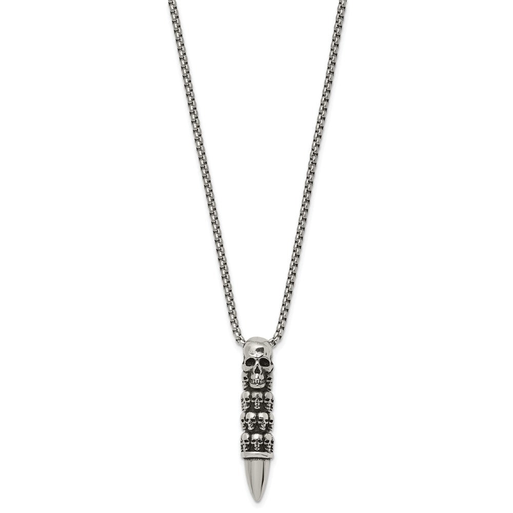 Chisel Stainless Steel Antiqued and Polished Bullet with Skulls Pendant on a 25.5 inch Box Chain Necklace SRN3101-25.5
