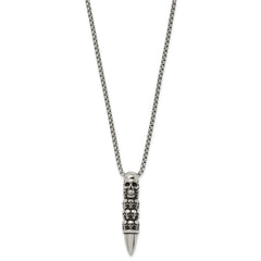 Chisel Stainless Steel Antiqued and Polished Bullet with Skulls Pendant on a 25.5 inch Box Chain Necklace SRN3101-25.5