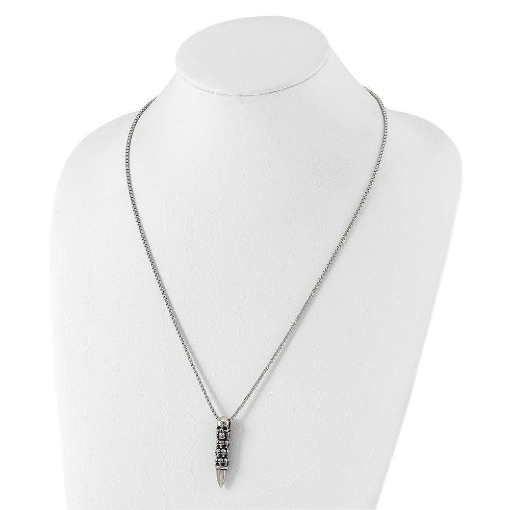 Chisel Stainless Steel Antiqued and Polished Bullet with Skulls Pendant on a 25.5 inch Box Chain Necklace SRN3101-25.5