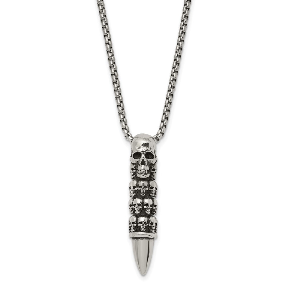 Chisel Stainless Steel Antiqued and Polished Bullet with Skulls Pendant on a 25.5 inch Box Chain Necklace SRN3101-25.5