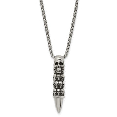 Chisel Stainless Steel Antiqued and Polished Bullet with Skulls Pendant on a 25.5 inch Box Chain Necklace SRN3101-25.5