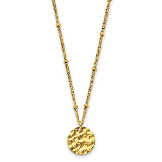 Chisel Stainless Steel Polished and Hammered Yellow IP-plated Circle Pendant on a 15 inch Curb Chain with a 2.5 inch Extension Necklace SRN3120-15