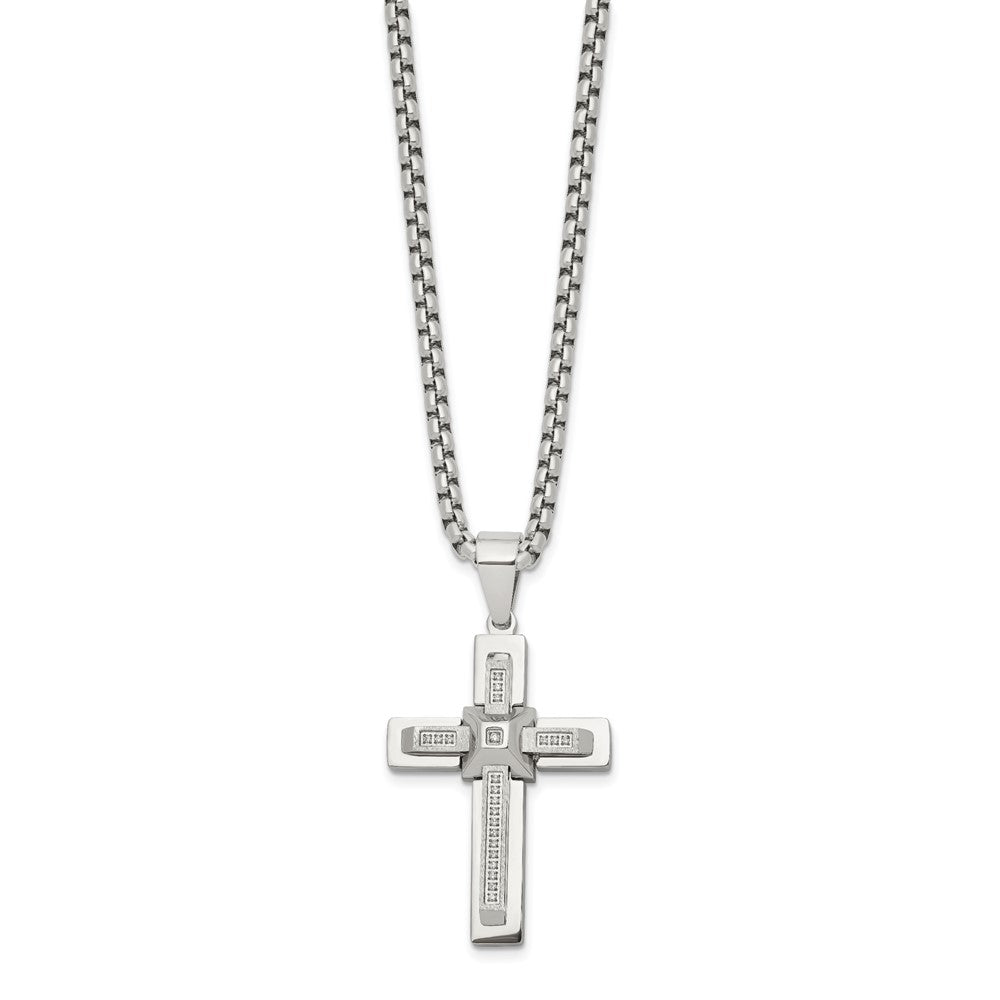 Chisel Stainless Steel Polished with CZ Cross Pendant on a 22 inch Box Chain NecklaceSRN3123-22