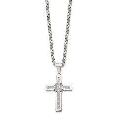 Chisel Stainless Steel Polished with CZ Cross Pendant on a 22 inch Box Chain NecklaceSRN3123-22