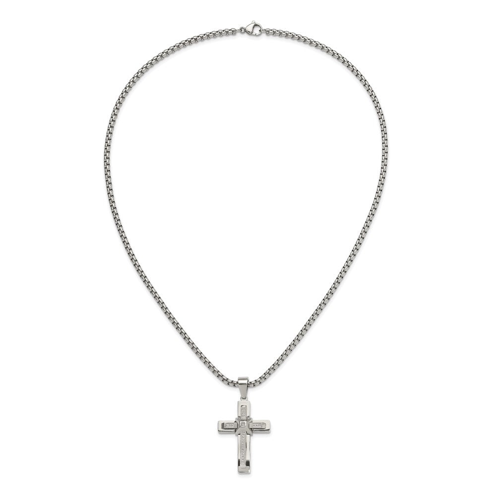 Chisel Stainless Steel Polished with CZ Cross Pendant on a 22 inch Box Chain NecklaceSRN3123-22