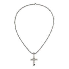 Chisel Stainless Steel Polished with CZ Cross Pendant on a 22 inch Box Chain NecklaceSRN3123-22