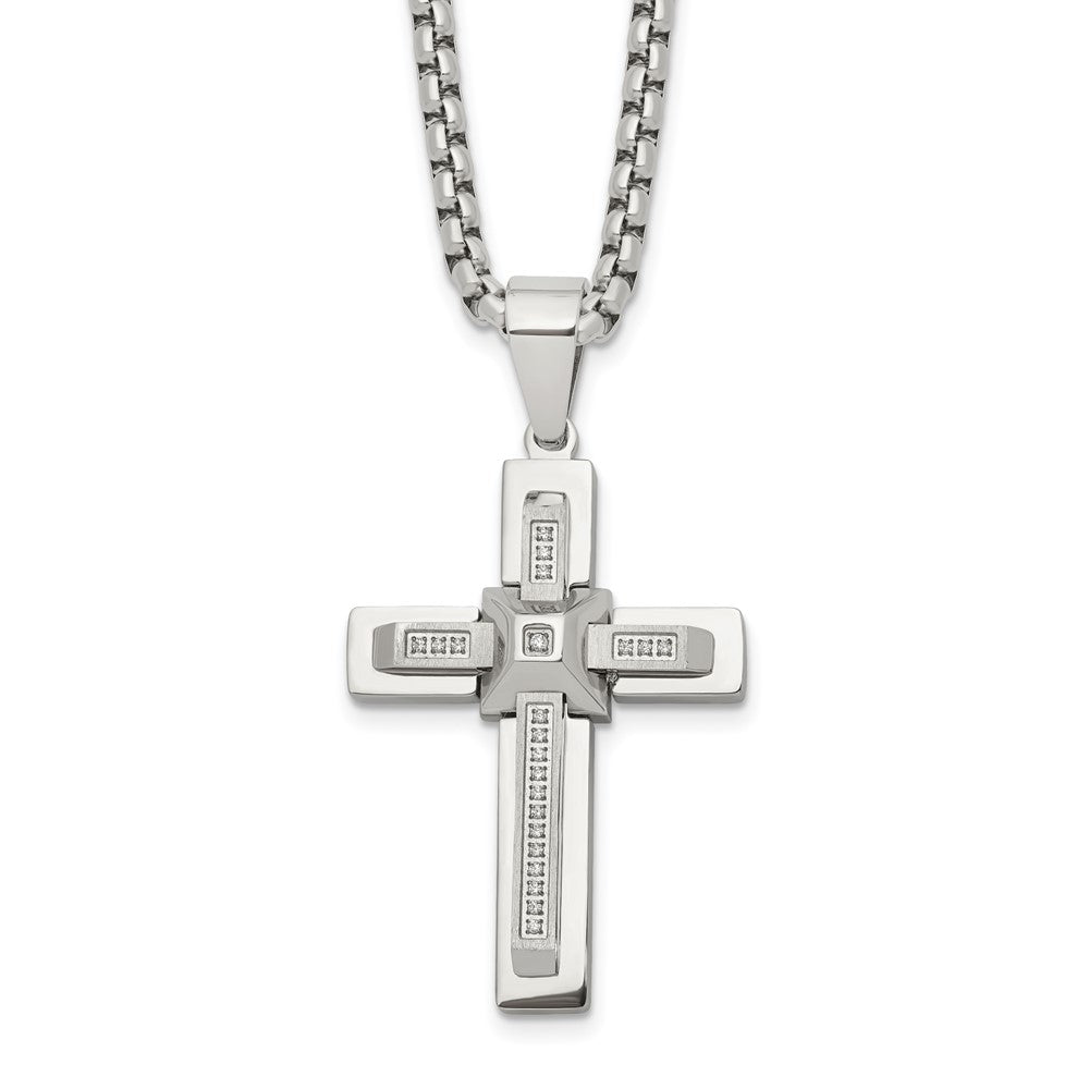 Chisel Stainless Steel Polished with CZ Cross Pendant on a 22 inch Box Chain NecklaceSRN3123-22
