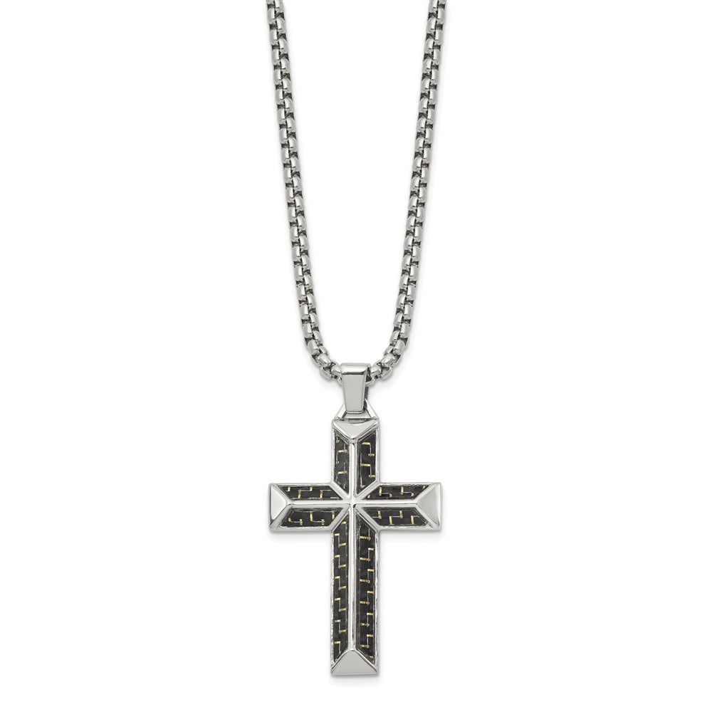 Chisel Stainless Steel Polished with Black Carbon Fiber Inlay Cross Pendant on a 22 inch Box Chain NecklaceSRN3124-22