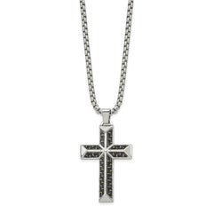 Chisel Stainless Steel Polished with Black Carbon Fiber Inlay Cross Pendant on a 22 inch Box Chain NecklaceSRN3124-22