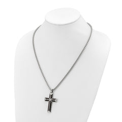 Chisel Stainless Steel Polished with Black Carbon Fiber Inlay Cross Pendant on a 22 inch Box Chain NecklaceSRN3124-22