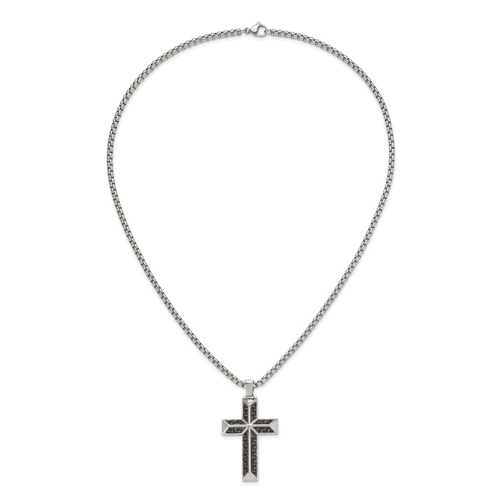 Chisel Stainless Steel Polished with Black Carbon Fiber Inlay Cross Pendant on a 22 inch Box Chain NecklaceSRN3124-22