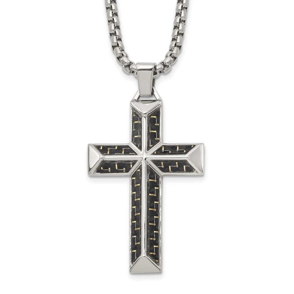 Chisel Stainless Steel Polished with Black Carbon Fiber Inlay Cross Pendant on a 22 inch Box Chain NecklaceSRN3124-22