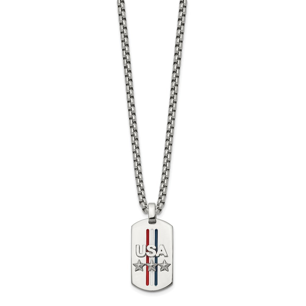 Chisel Stainless Steel Polished Enameled USA and Stars Dog Tag on a 22 inch Box Chain NecklaceSRN3126-22