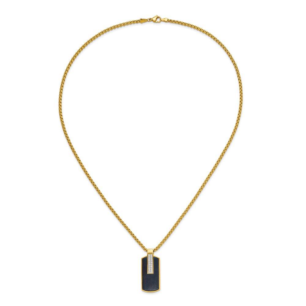 Chisel Stainless Steel Polished Black and Yellow IP-plated with CZ Dog Tag on a 24 inch Box Chain NecklaceSRN3127-24