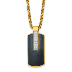 Chisel Stainless Steel Polished Black and Yellow IP-plated with CZ Dog Tag on a 24 inch Box Chain NecklaceSRN3127-24